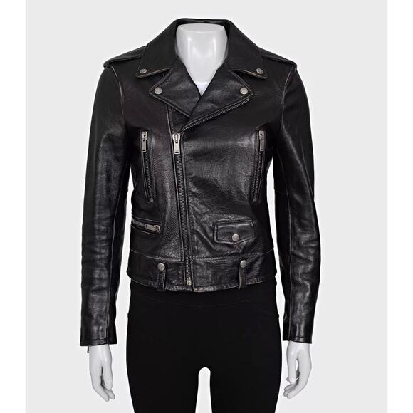 Saint Laurent Bird-Print Black Leather Jacket - Size FR40 - Picture 2 of 7